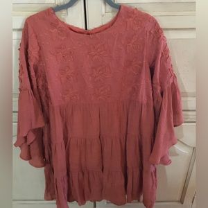 Umgee Boho Embroidered Dress Flutter Sleeves Keyhole Button Size Small